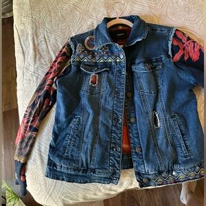 Desigual Blue Denim Jacket with Embroidered Sleeves and warm fleece inside